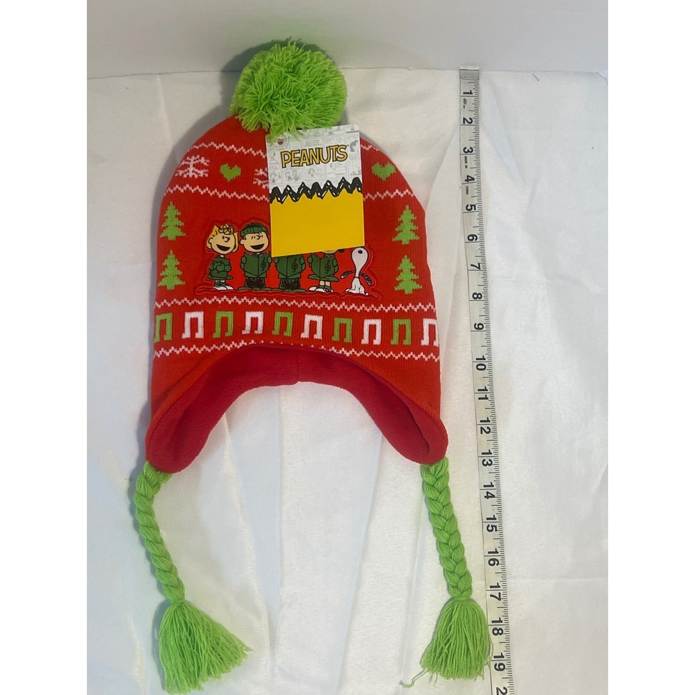 Peanuts Holiday Christmas Charlie Brown Snoopy Beanie Hat with Pompom and Braids - Picture 4 of 5